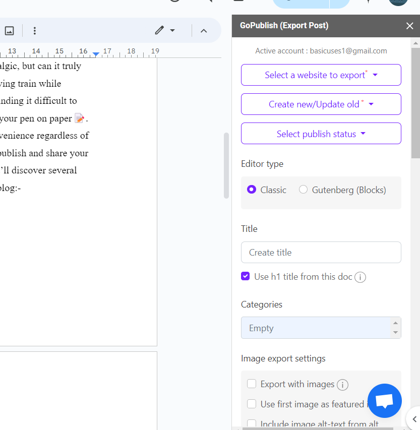 Once connected, the GoPublish add-on will appear on your Google docs.