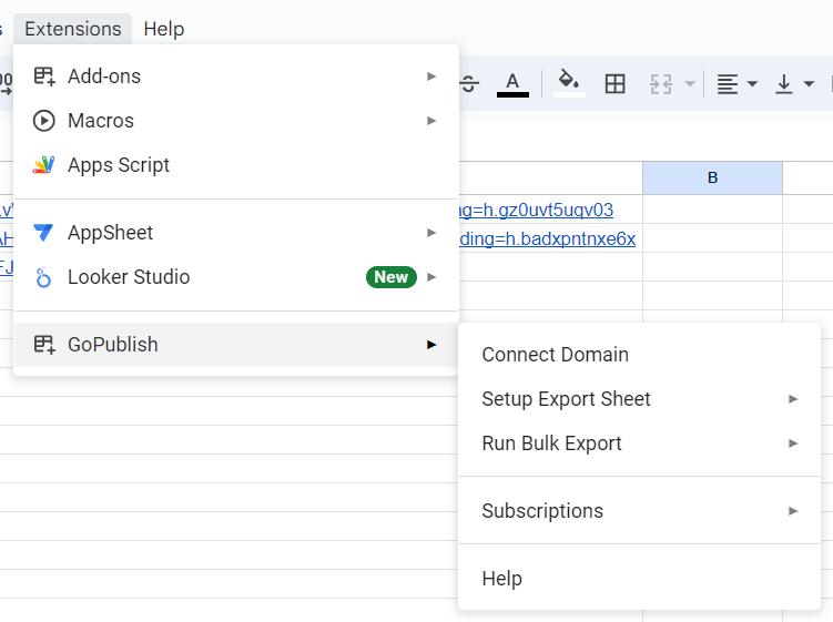 Find the GoPublish add-on from the extension menu of Google Sheet