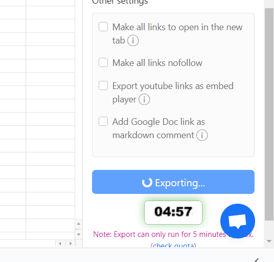 The export process will take approximately 5 minutes to complete