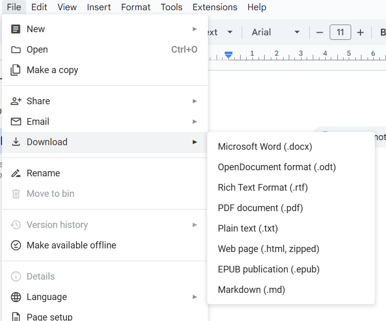 AltMagic: The image shows the file menu options in a document editor, including options to open, make a copy, share, email, download, rename, and view version history. The keywords provided are "Export google docs to wordpress" and the language is English.