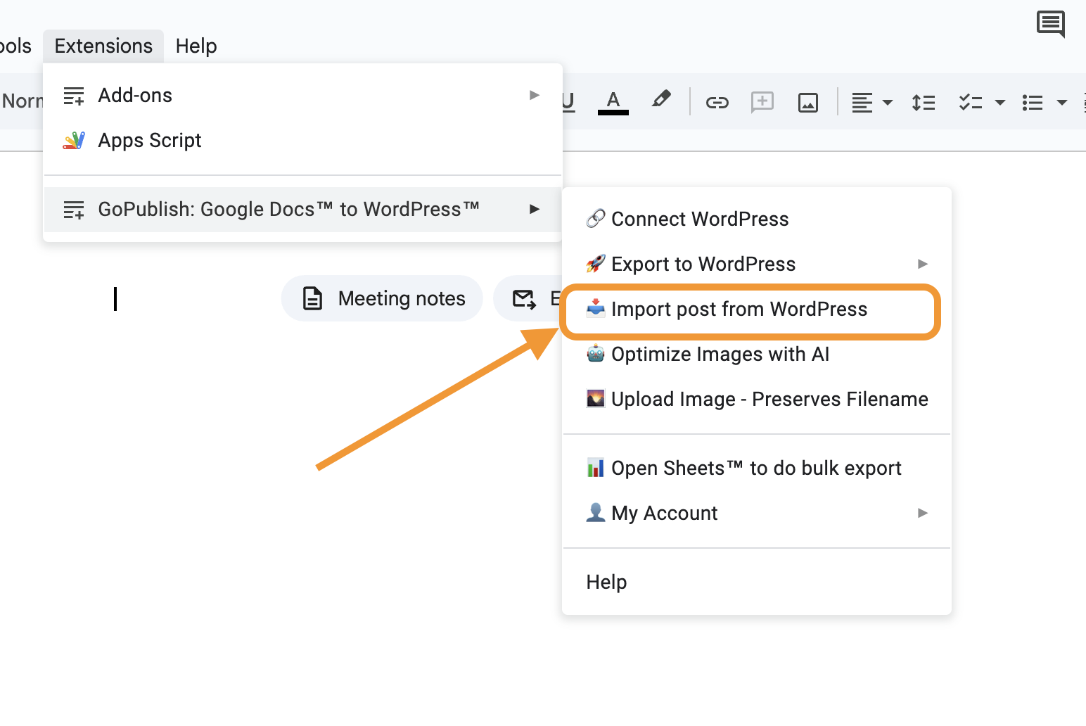 Import content from WordPress to Google docs using GoPublish add-on