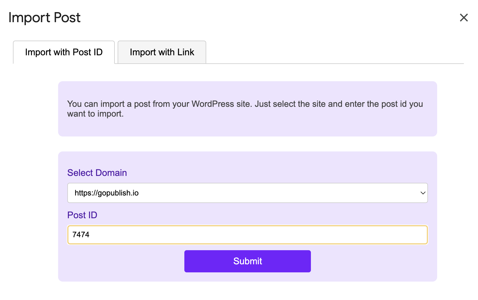 Import content from WordPress to Google Docs using post ID with GoPublish add-on