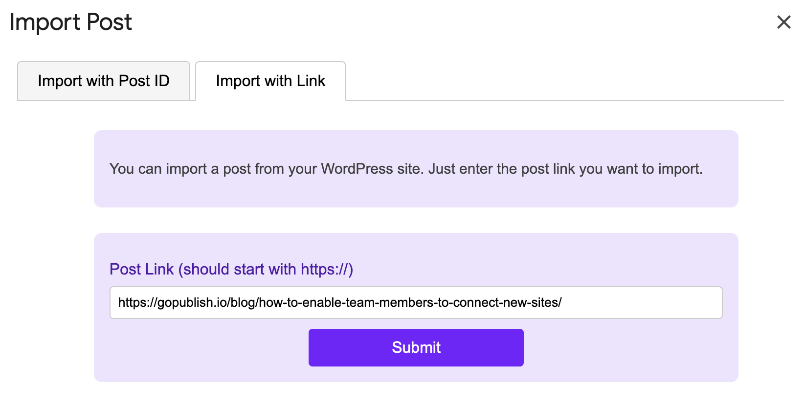 Import content from WordPress to Google Docs using post link with GoPublish add-on