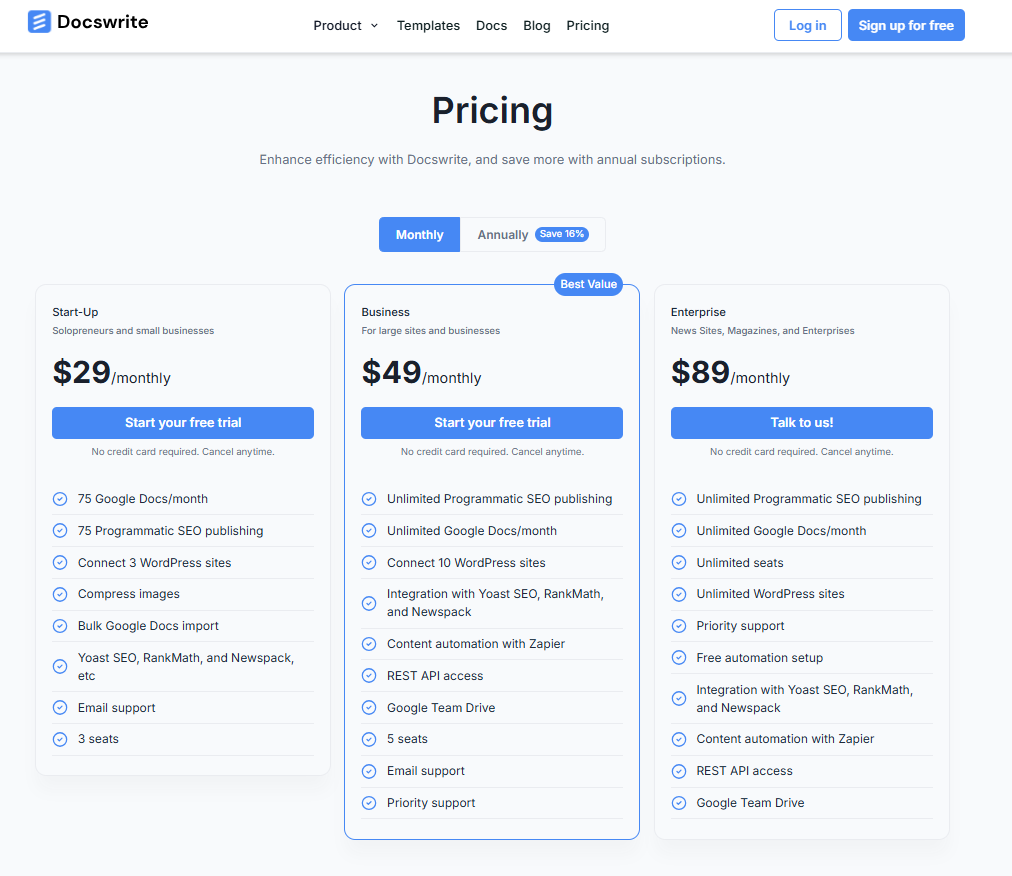 Docswrite Pricing Tiers