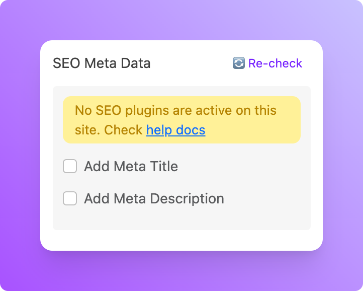 Google Docs add-on shows “No SEO plugins are active on this site.”