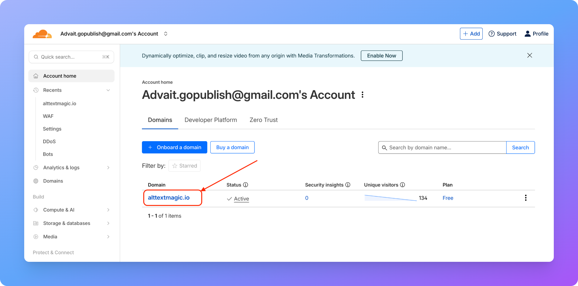 GoPublish account domains page with alttextmagic.io listed as active. Whitelist GoPublish IP.